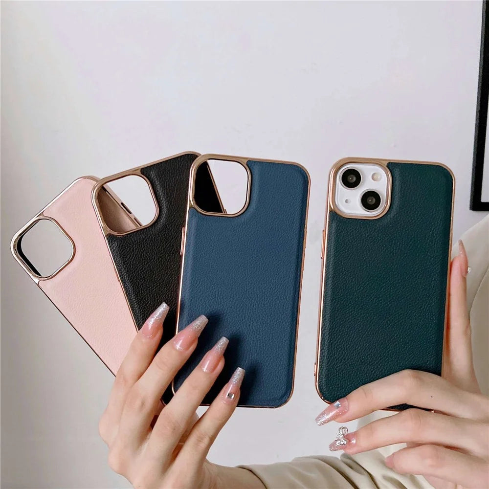 Back Cover for iPhone 13 6.1 inch, Genuine Cowhide Leather+TPU Electroplating Protective Phone Case - Green - 7