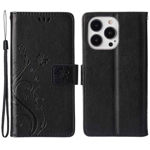 For iPhone 14 Pro Max 6.7 inch Imprinted Butterflies PU Leather Flip Wallet Case Stand Anti-fall Phone Cover with Strap - Black - 1