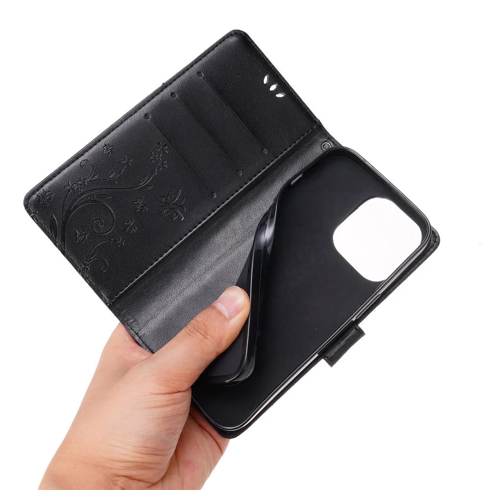 For iPhone 14 Pro Max 6.7 inch Imprinted Butterflies PU Leather Flip Wallet Case Stand Anti-fall Phone Cover with Strap - Black - 5