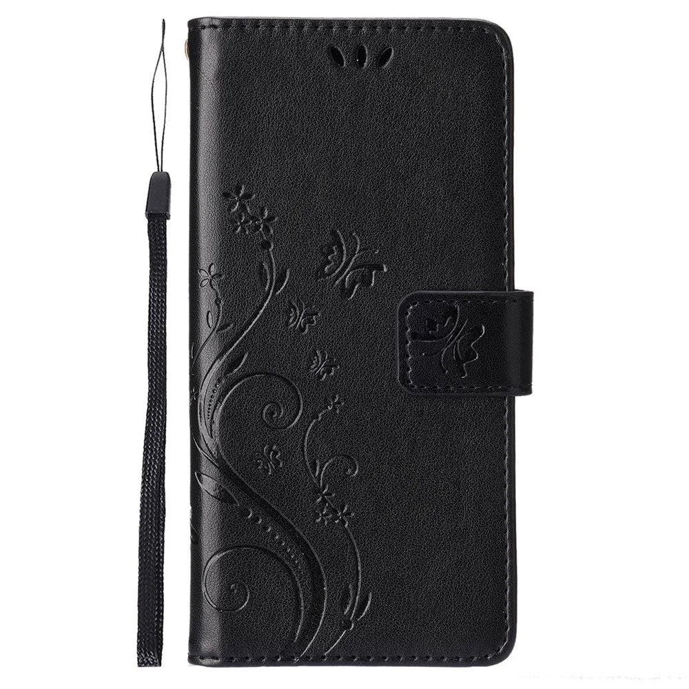 For iPhone 14 Pro Max 6.7 inch Imprinted Butterflies PU Leather Flip Wallet Case Stand Anti-fall Phone Cover with Strap - Black - 6