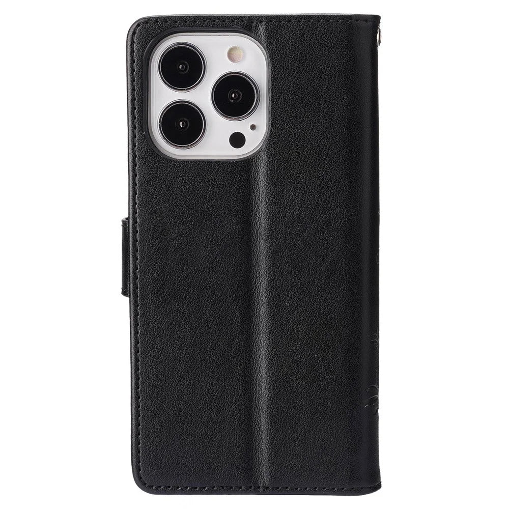For iPhone 14 Pro Max 6.7 inch Imprinted Butterflies PU Leather Flip Wallet Case Stand Anti-fall Phone Cover with Strap - Black - 7