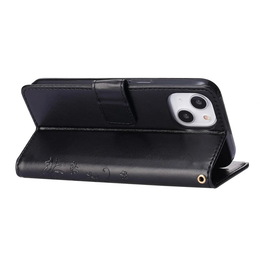 For iPhone 14 6.1 inch Shockproof PU Leather Phone Case Imprinted Butterflies Wallet Stand Phone Cover - Black - 4