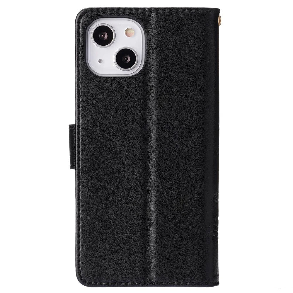 For iPhone 14 6.1 inch Shockproof PU Leather Phone Case Imprinted Butterflies Wallet Stand Phone Cover - Black - 7