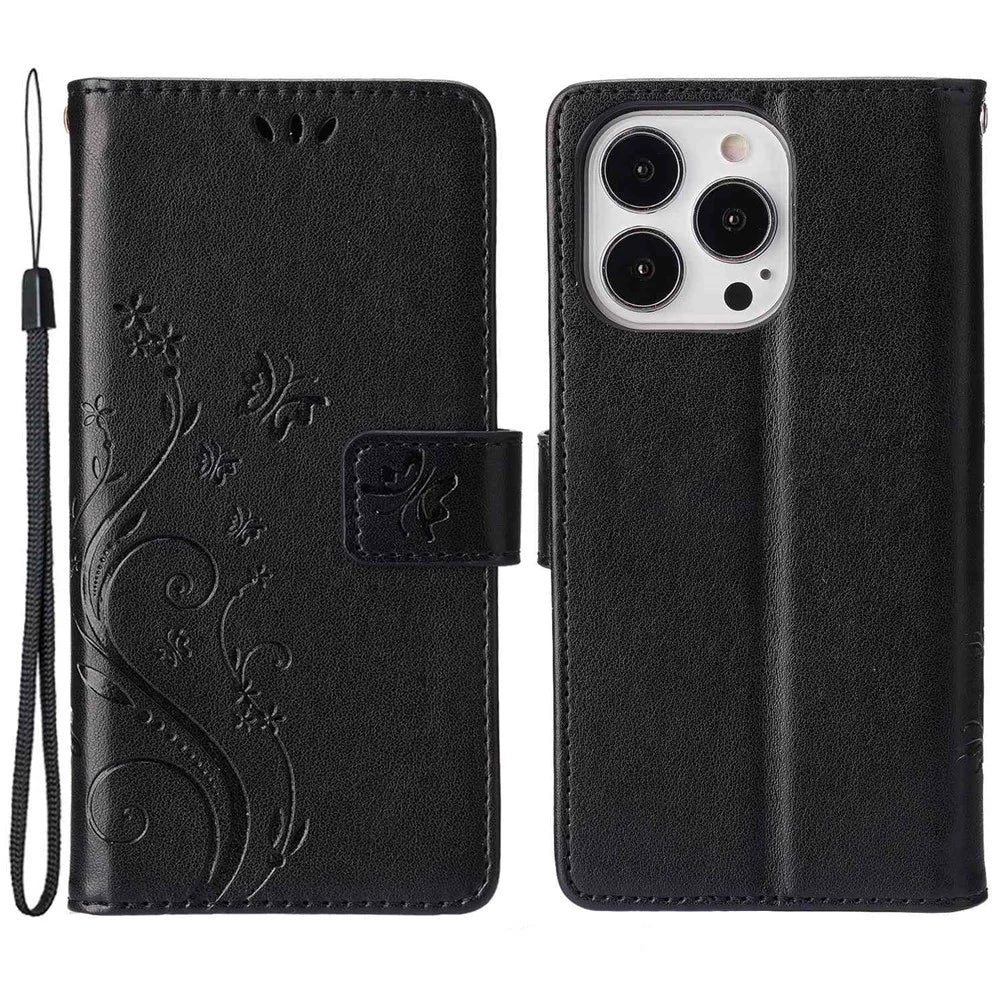 For iPhone 14 Pro 6.1 inch Phone Case Imprinted Butterflies Full Protection PU Leather Wallet Cover Stand with Strap - Black - 1