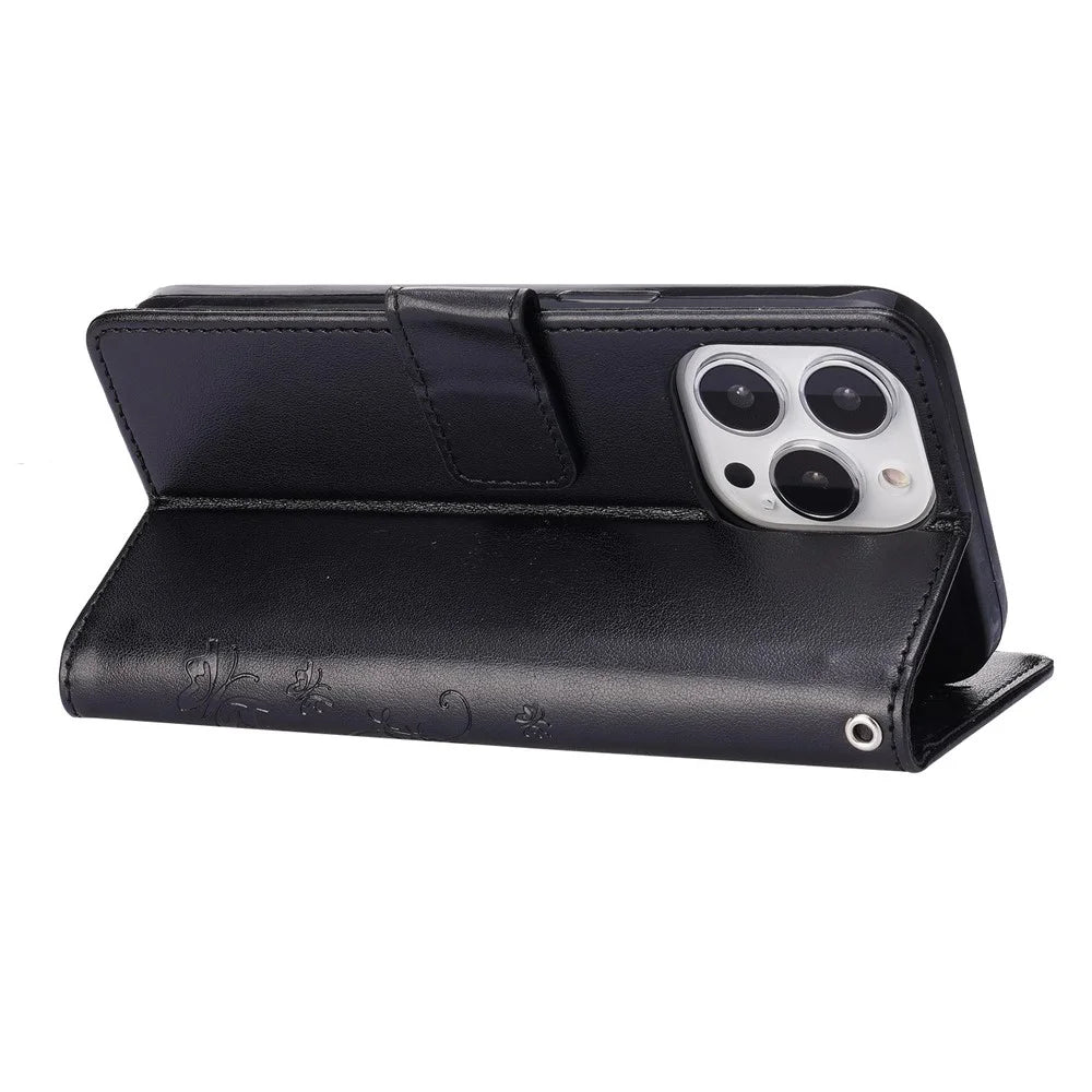 For iPhone 14 Pro 6.1 inch Phone Case Imprinted Butterflies Full Protection PU Leather Wallet Cover Stand with Strap - Black - 4