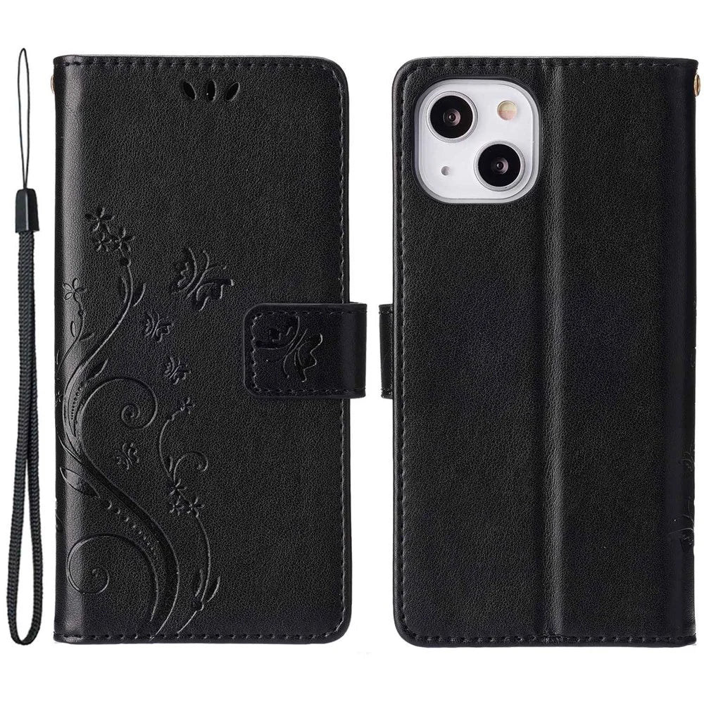 For iPhone 14 Plus Anti-scratch Phone Case Imprinted Butterflies PU Leather Flip Wallet Cover Stand Protective Phone Shell with Strap - Black - 1
