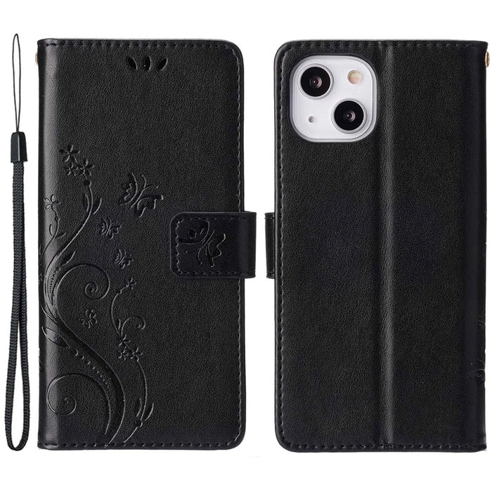 For iPhone 14 Plus Anti-scratch Phone Case Imprinted Butterflies PU Leather Flip Wallet Cover Stand Protective Phone Shell with Strap - Black - 1