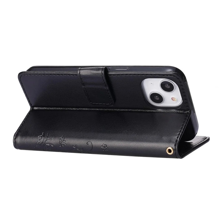 For iPhone 14 Plus Anti-scratch Phone Case Imprinted Butterflies PU Leather Flip Wallet Cover Stand Protective Phone Shell with Strap - Black - 4