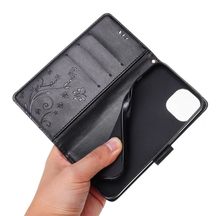 For iPhone 14 Plus Anti-scratch Phone Case Imprinted Butterflies PU Leather Flip Wallet Cover Stand Protective Phone Shell with Strap - Black - 5