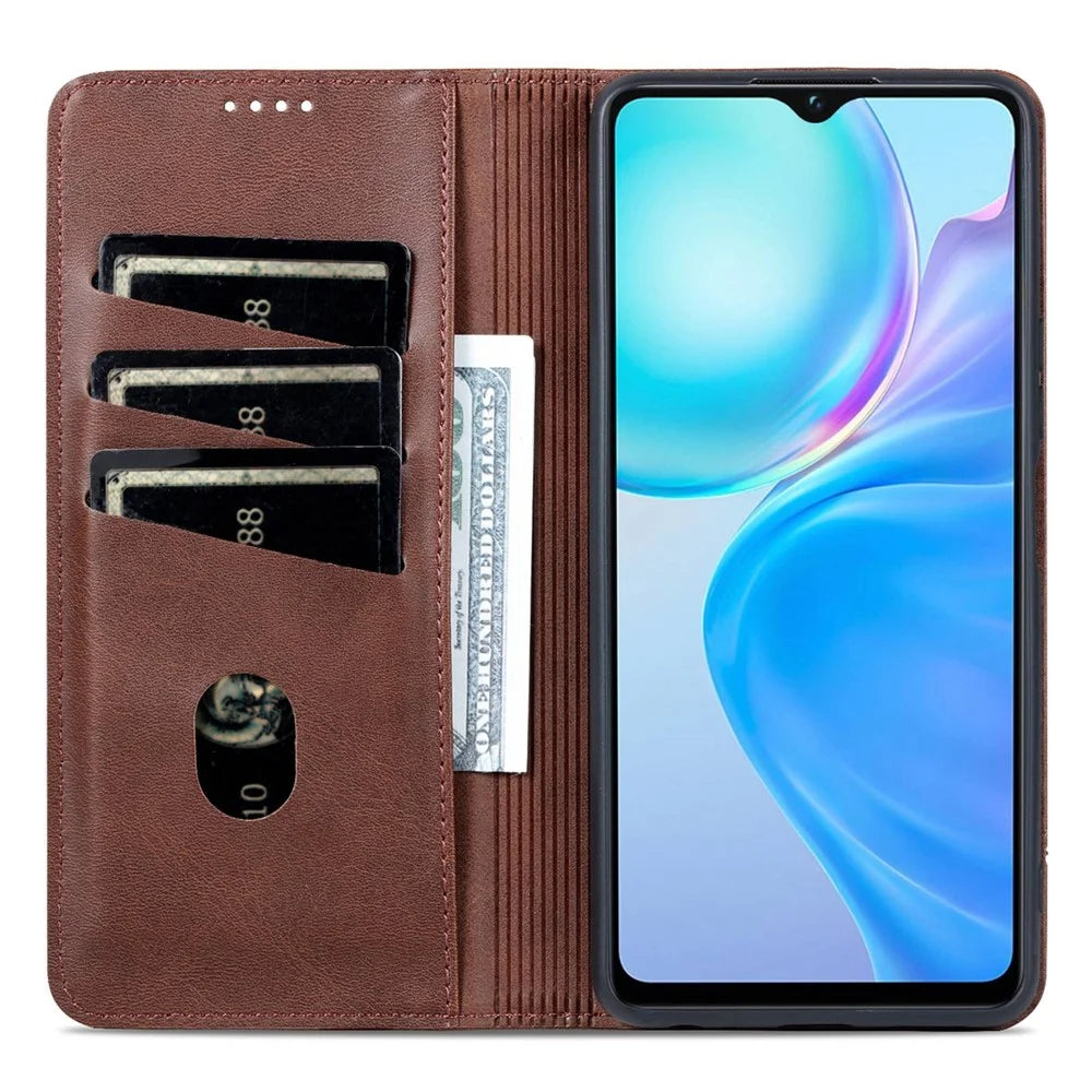 AZNS For vivo Y77e 5G / Y77 5G Magnetic Auto Closure Cowhide Texture PU Leather Wallet Phone Case Viewing Stand Flip Cover - Coffee - 3