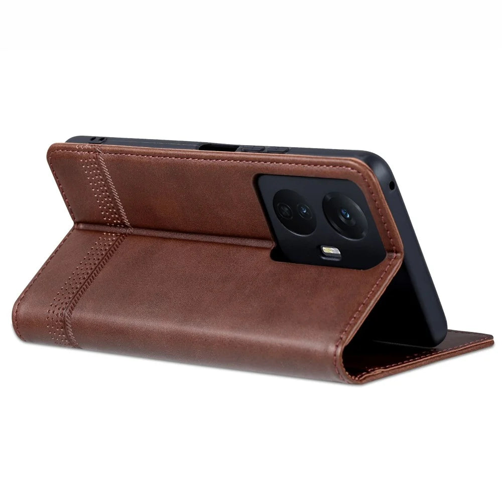 AZNS For vivo Y77e 5G / Y77 5G Magnetic Auto Closure Cowhide Texture PU Leather Wallet Phone Case Viewing Stand Flip Cover - Coffee - 4