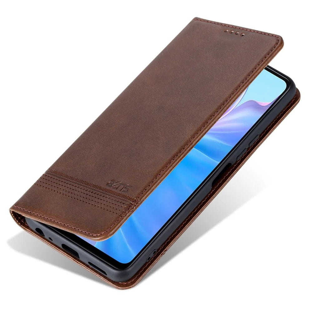 AZNS For vivo Y77e 5G / Y77 5G Magnetic Auto Closure Cowhide Texture PU Leather Wallet Phone Case Viewing Stand Flip Cover - Coffee - 5