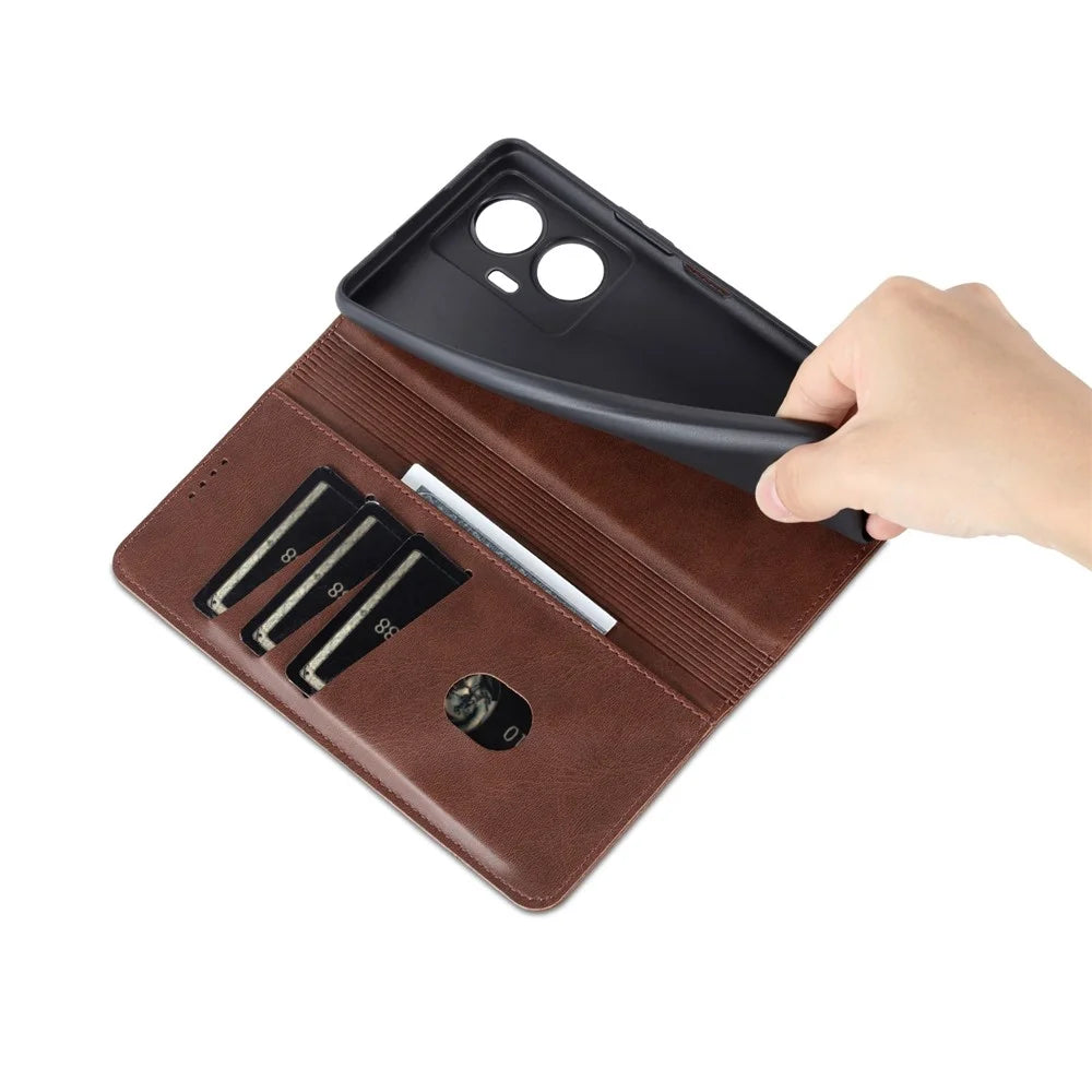 AZNS For vivo Y77e 5G / Y77 5G Magnetic Auto Closure Cowhide Texture PU Leather Wallet Phone Case Viewing Stand Flip Cover - Coffee - 6