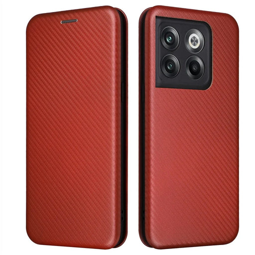 For OnePlus 10T 5G / Ace Pro 5G Carbon Fiber Texture Smartphone Case PU Leather Magnetic Auto-absorbed Stand Card Holder Function Phone Shell - Brown - 1