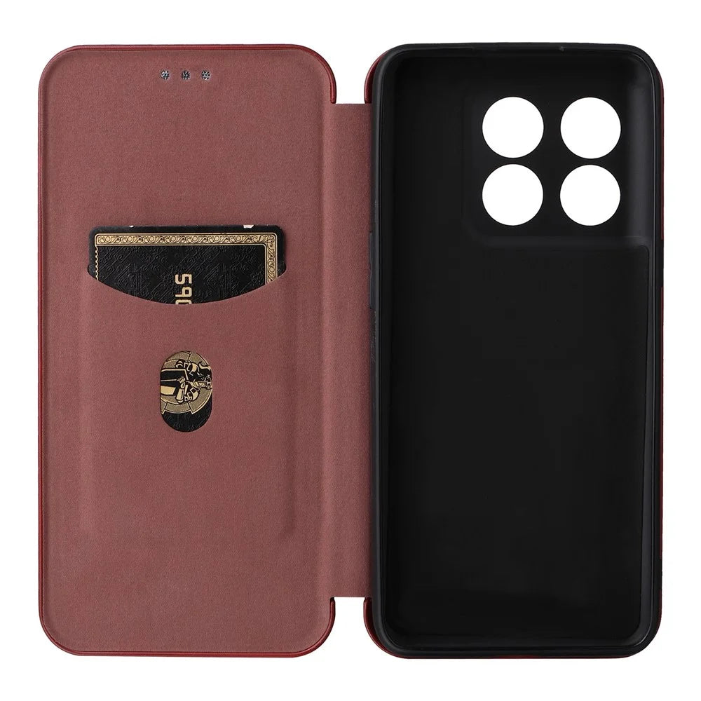 For OnePlus 10T 5G / Ace Pro 5G Carbon Fiber Texture Smartphone Case PU Leather Magnetic Auto-absorbed Stand Card Holder Function Phone Shell - Brown - 4