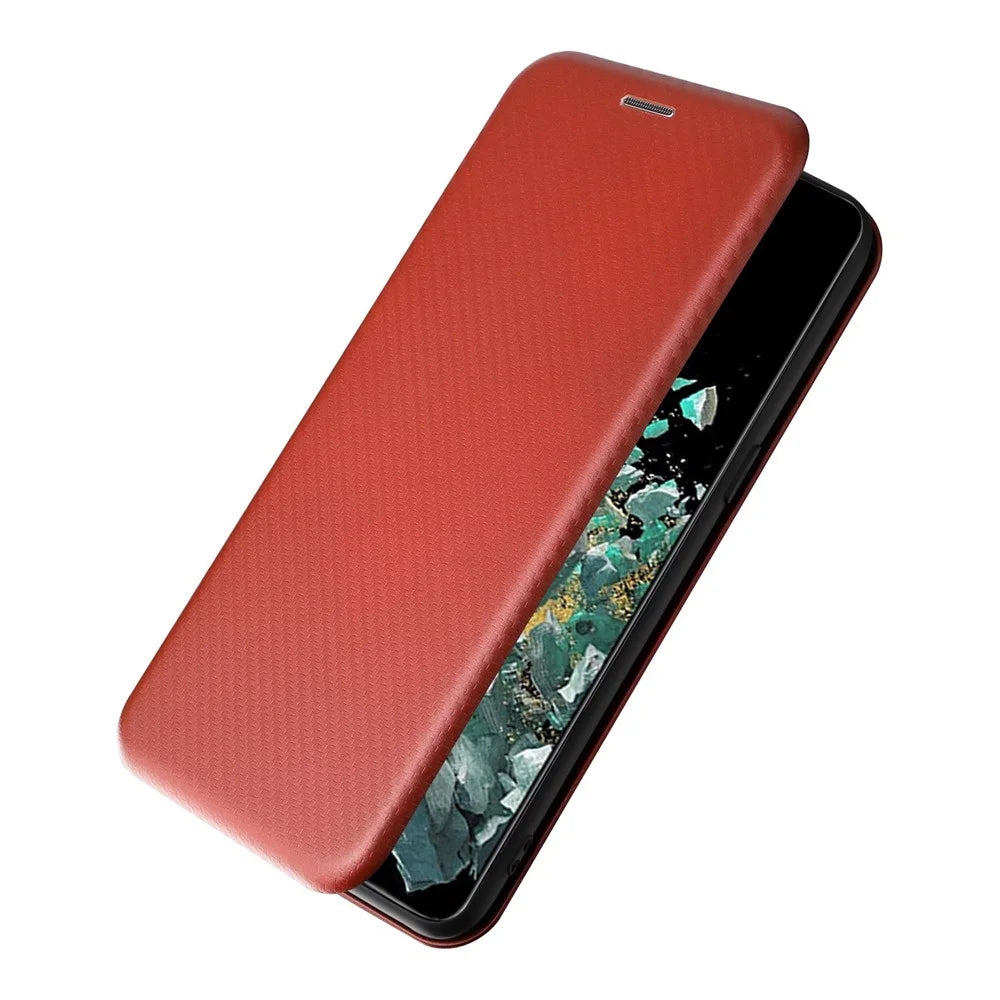 For OnePlus 10T 5G / Ace Pro 5G Carbon Fiber Texture Smartphone Case PU Leather Magnetic Auto-absorbed Stand Card Holder Function Phone Shell - Brown - 6
