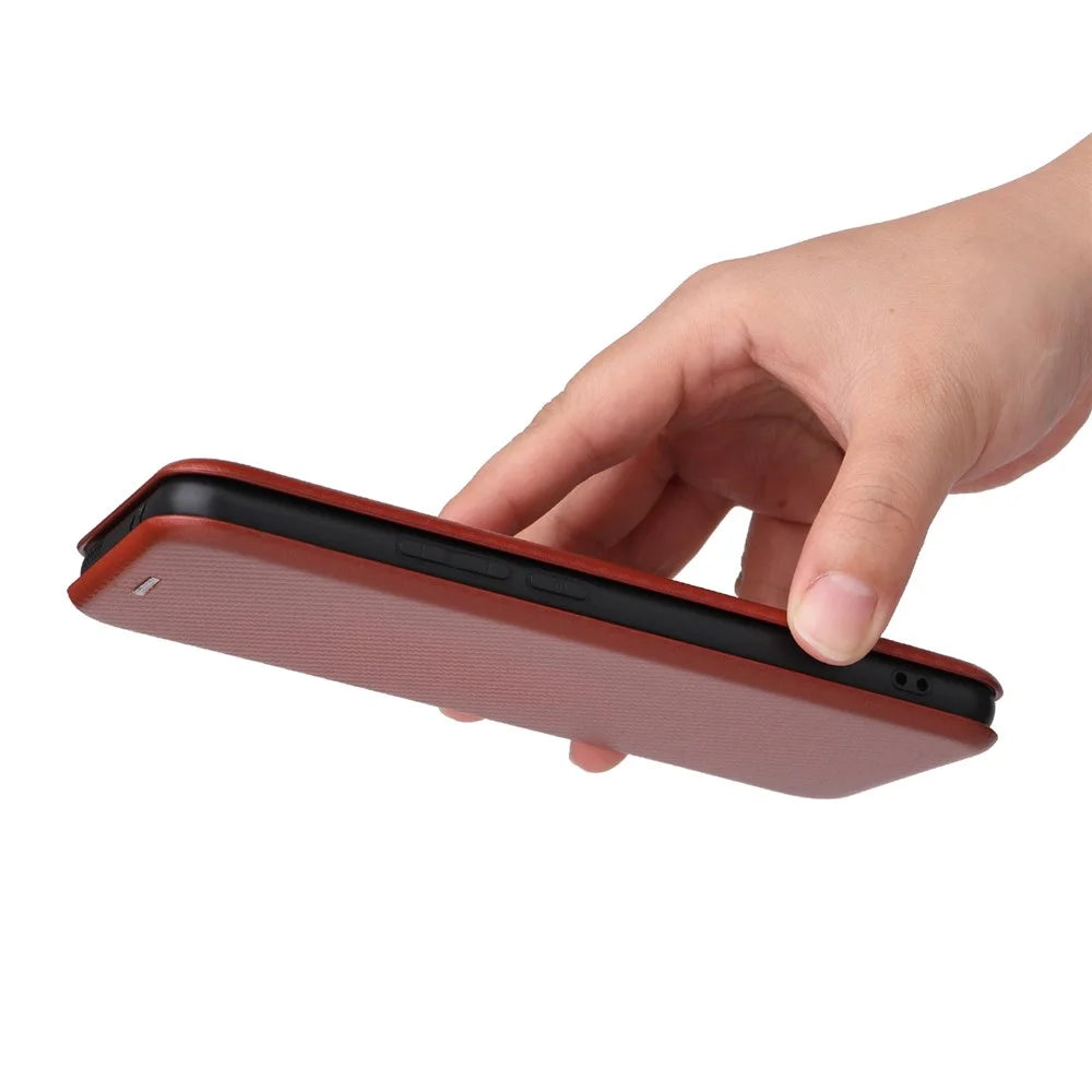 For OnePlus 10T 5G / Ace Pro 5G Carbon Fiber Texture Smartphone Case PU Leather Magnetic Auto-absorbed Stand Card Holder Function Phone Shell - Brown - 7