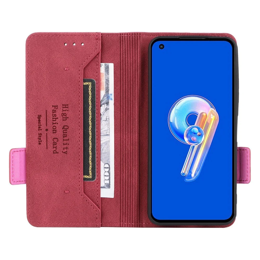 Hardware Decor Phone Case for Asus Zenfone 9 5G, Dual Magnetic Clasp PU Leather Anti-drop Wallet Stand Phone Cover - Rose - 2