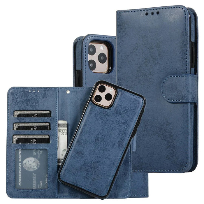For iPhone 14 Pro Max 6.7 inch Anti-scratch Matte Retro Phone Shell Magnetic Absorption Detachable Inner TPU Case+PU Leather Cover Wallet - Dark Blue - 1