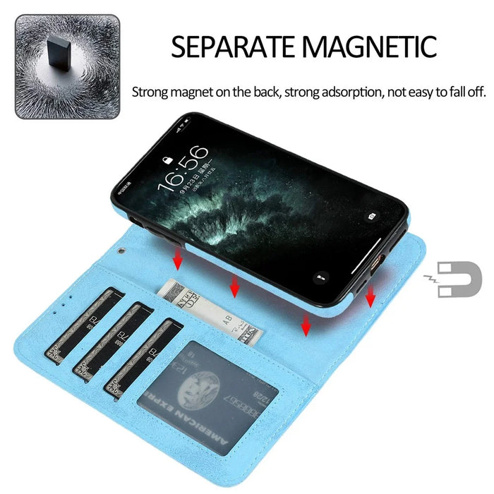 For iPhone 14 Pro Max 6.7 inch Anti-scratch Matte Retro Phone Shell Magnetic Absorption Detachable Inner TPU Case+PU Leather Cover Wallet - Dark Blue - 2
