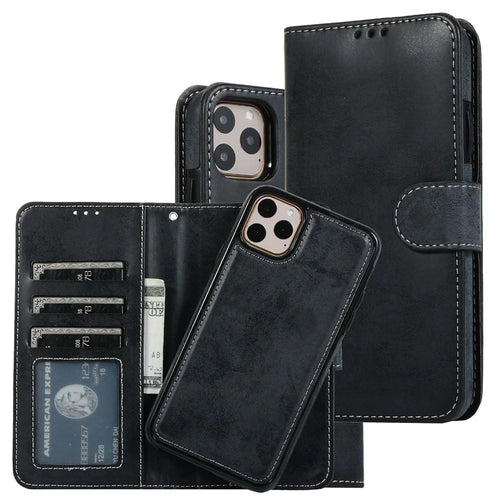 For iPhone 14 6.1 inch Matte Retro Phone Case Anti-drop Magnetic Absorption Detachable Inner TPU Case+PU Leather Cover Wallet - Black - 1