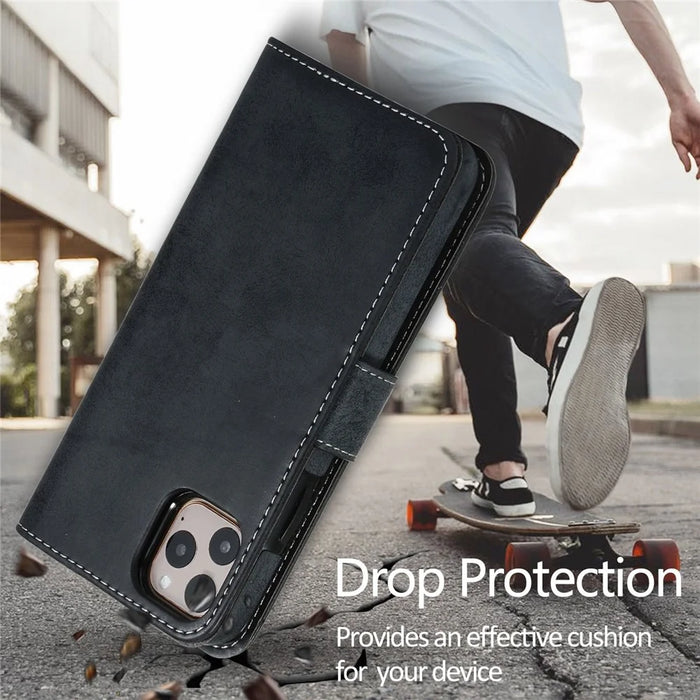 For iPhone 14 Plus Magnetic Absorption Inner TPU Case+PU Leather Cover Wallet Matte Retro Phone Case - Black - 4