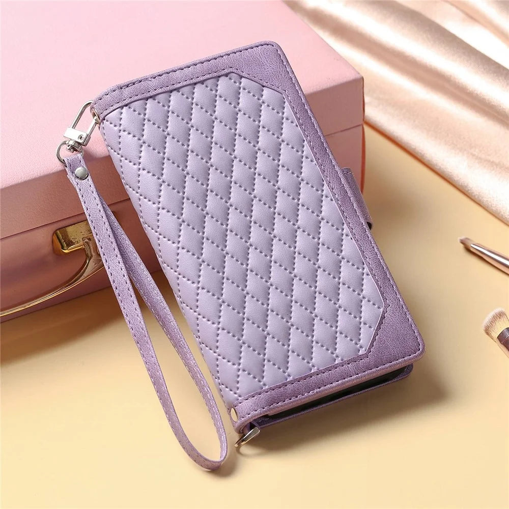 For iPhone 14 Plus Wallet Design Flip Magnetic Phone Cover Rhombus Grid Texture PU Leather Zipper Pocket Stand Case - Purple - 7