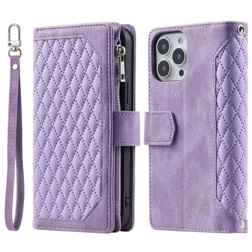 For iPhone 14 Pro 6.1 inch Zipper Pocket Phone Cover Rhombus Grid Texture Anti-scratch PU Leather Flip Wallet Stand Case - Purple - 1