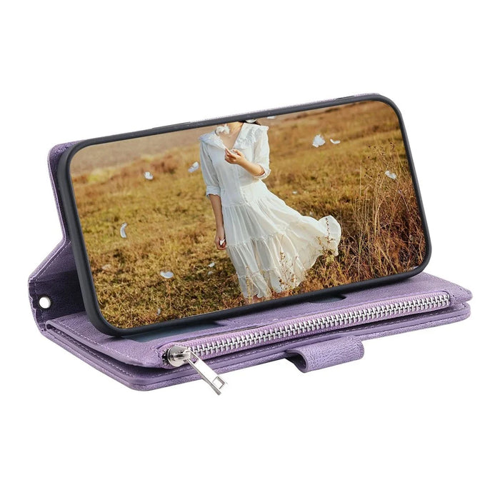 For iPhone 14 6.1 inch Shockproof Phone Cover Rhombus Grid Texture PU Leather Zipper Pocket Flip Wallet Stand Case - Purple - 2