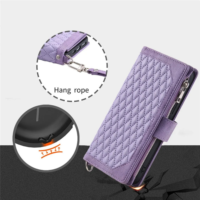 For iPhone 14 6.1 inch Shockproof Phone Cover Rhombus Grid Texture PU Leather Zipper Pocket Flip Wallet Stand Case - Purple - 5