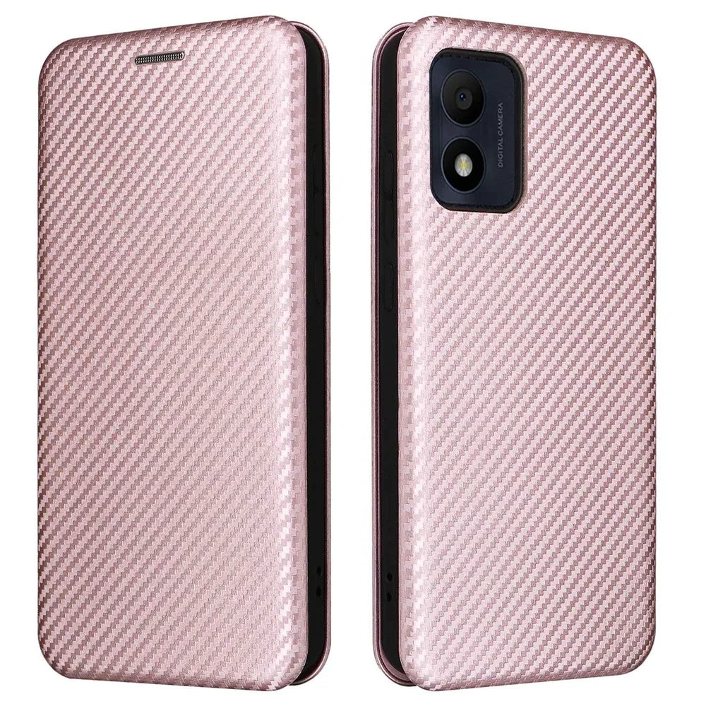 For Alcatel 1B (2022) Carbon Fiber Texture Smartphone Case PU Leather Magnetic Auto-absorbed Stand Card Holder Function Shockproof Phone Shell - Rose Gold - 1