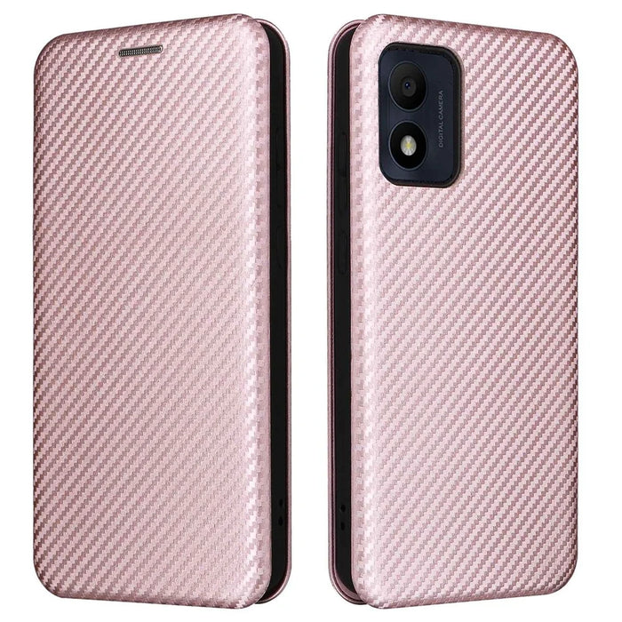 For Alcatel 1B (2022) Carbon Fiber Texture Smartphone Case PU Leather Magnetic Auto-absorbed Stand Card Holder Function Shockproof Phone Shell - Rose Gold - 1