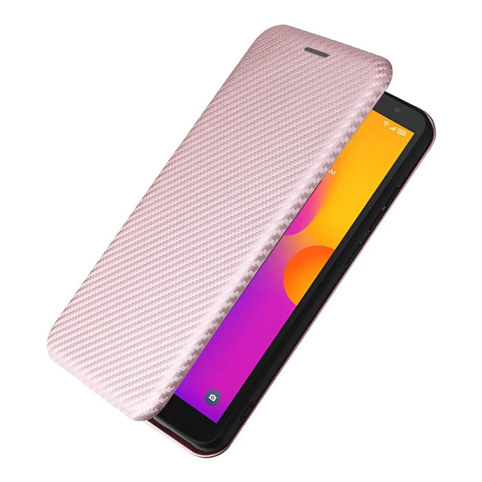 For Alcatel 1B (2022) Carbon Fiber Texture Smartphone Case PU Leather Magnetic Auto-absorbed Stand Card Holder Function Shockproof Phone Shell - Rose Gold - 6