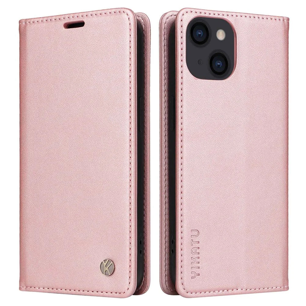 YIKATU YK- 001 for iPhone 13 mini 5.4 inch, Anti-shock PU Leather Wallet Case Stand Magnetic Closure Protective Phone Cover - Rose Gold - 1
