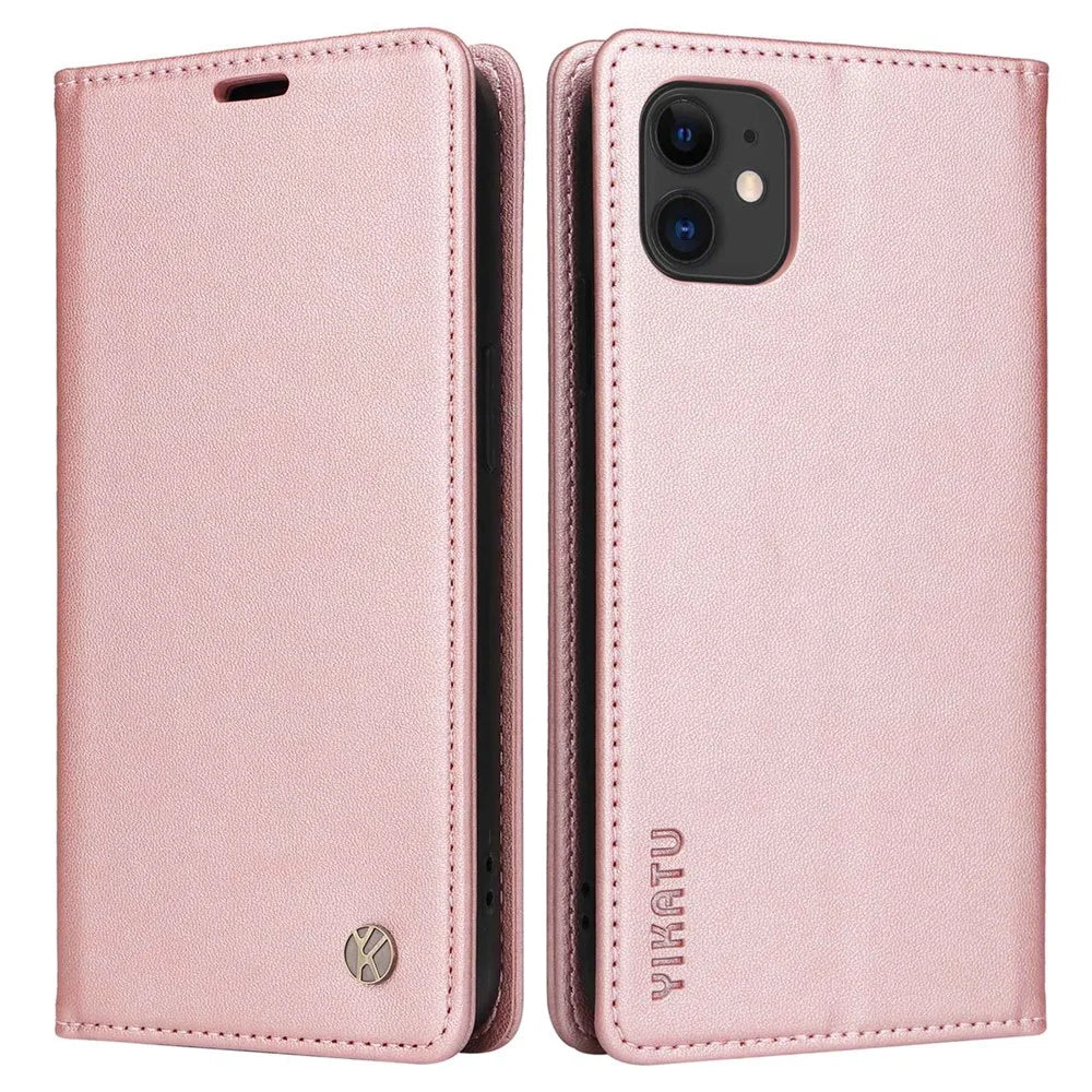 YIKATU Shockproof Phone Case for iPhone 12 mini 5.4 inch, YK- 001 Magnetic Closure Phone Cover Flip Leather Wallet Stand - Rose Gold - 1