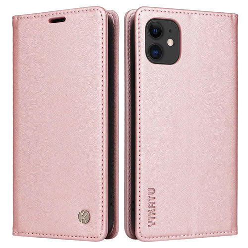 YIKATU Shockproof Phone Case for iPhone 12 mini 5.4 inch, YK- 001 Magnetic Closure Phone Cover Flip Leather Wallet Stand - Rose Gold - 1