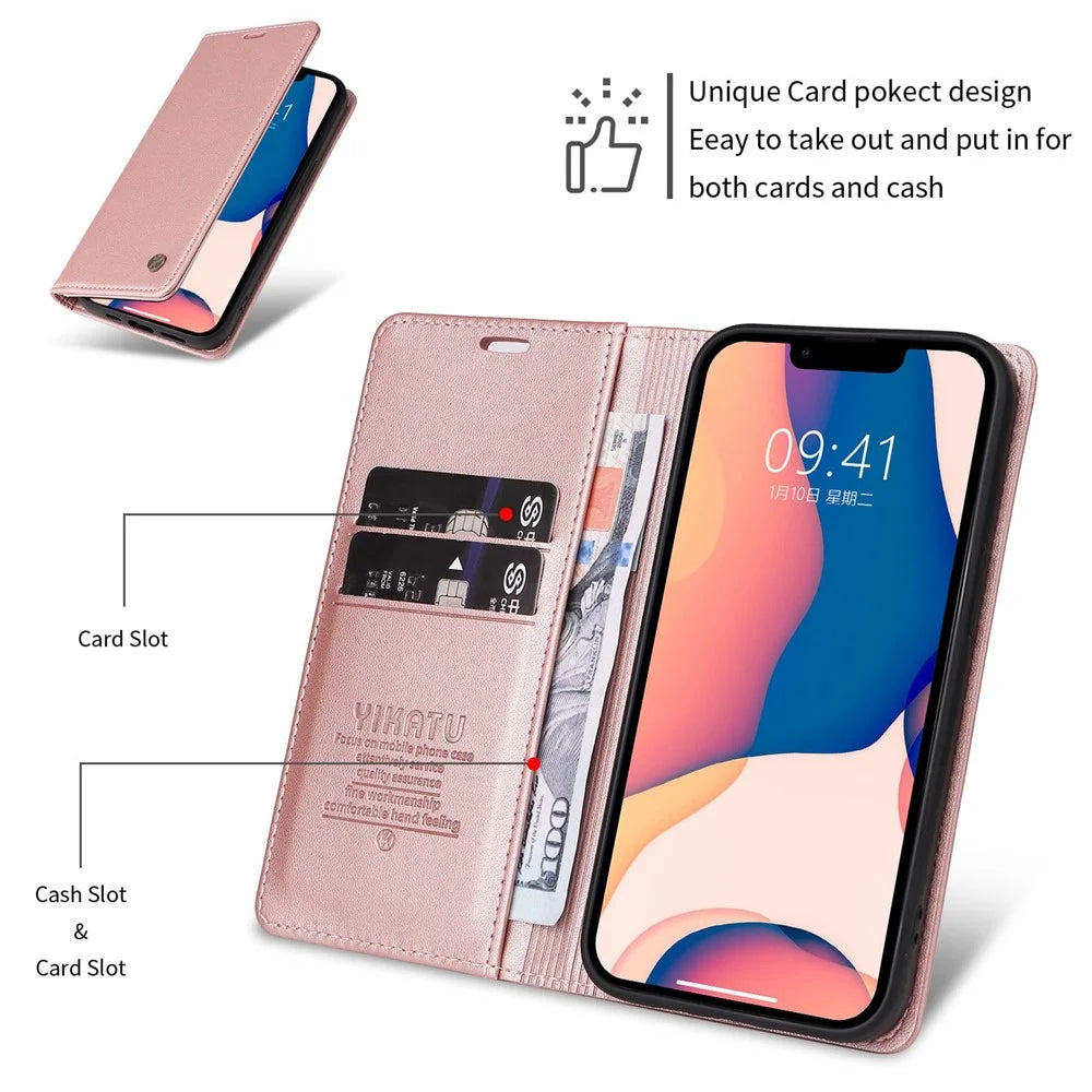 YIKATU Shockproof Phone Case for iPhone 12 mini 5.4 inch, YK- 001 Magnetic Closure Phone Cover Flip Leather Wallet Stand - Rose Gold - 4