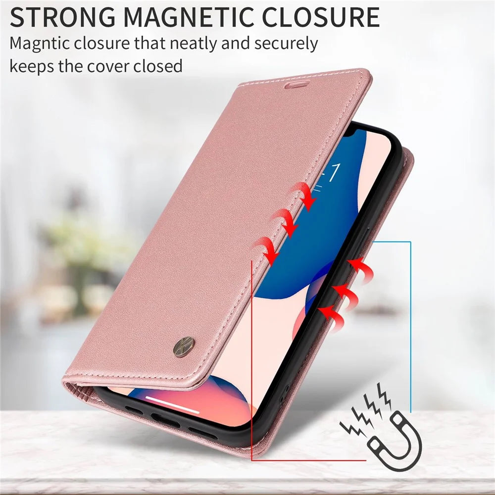 YIKATU Shockproof Phone Case for iPhone 12 mini 5.4 inch, YK- 001 Magnetic Closure Phone Cover Flip Leather Wallet Stand - Rose Gold - 5