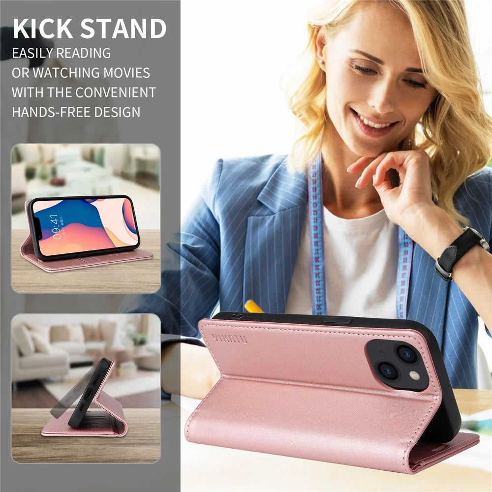 YIKATU Shockproof Phone Case for iPhone 12 mini 5.4 inch, YK- 001 Magnetic Closure Phone Cover Flip Leather Wallet Stand - Rose Gold - 6