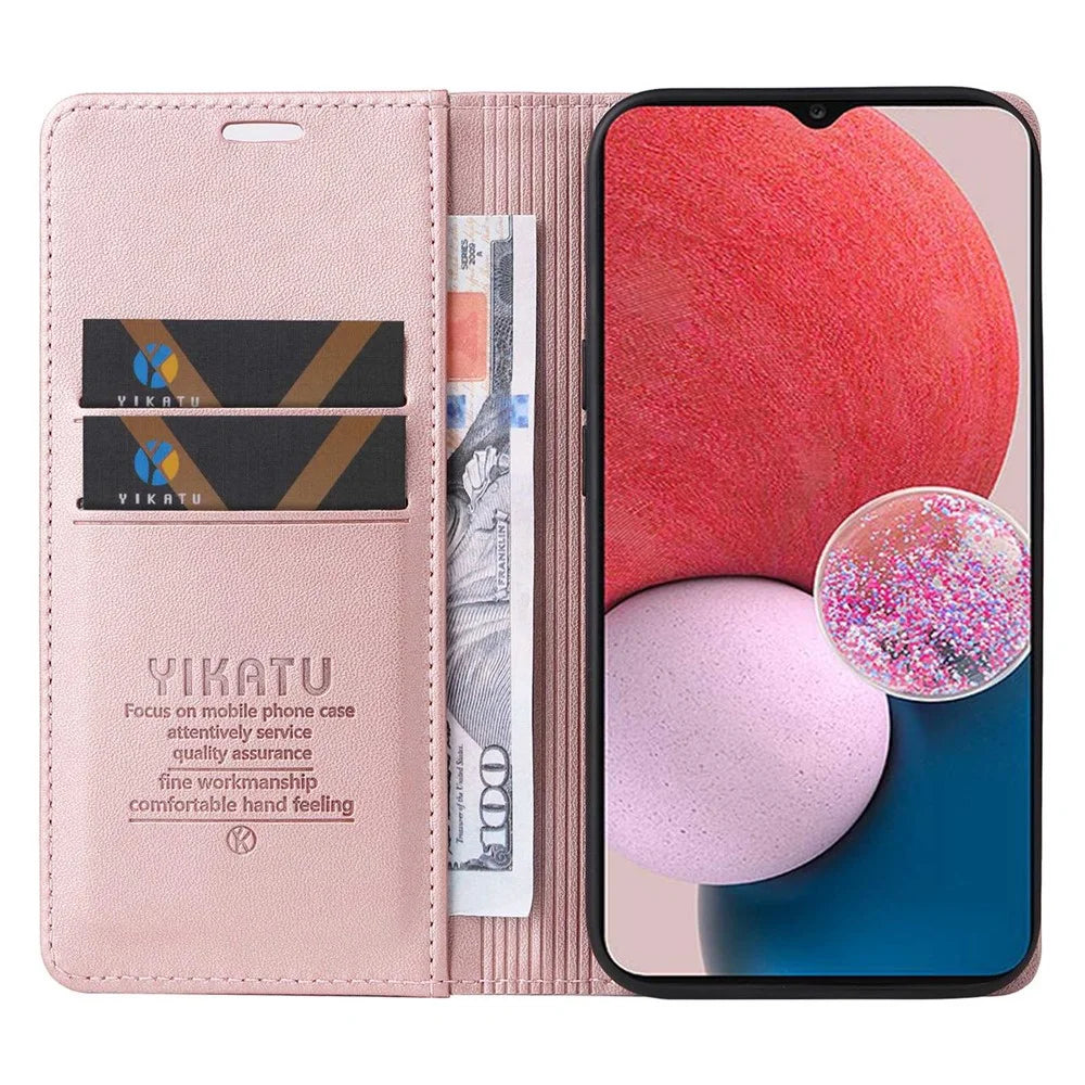 YIKATU Phone Case for Samsung Galaxy A13 4G, YK- 001 Wear-resistant Magnetic Closure Phone Flip Leather Cover Wallet Stand - Rose Gold - 2