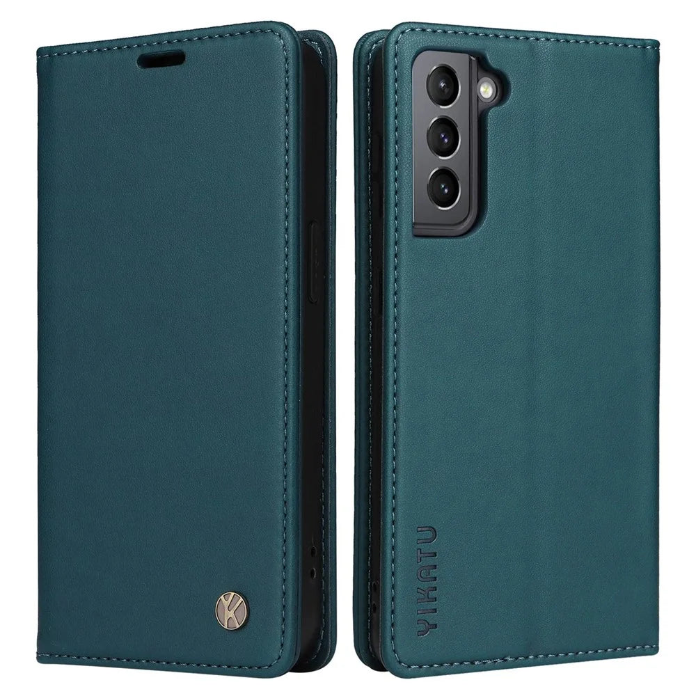 YIKATU Full Protection Phone Case for Samsung Galaxy S21 FE 5G, YK- 001 Magnetic Closure Anti-drop Phone Flip Leather Cover Wallet Stand - Green - 1