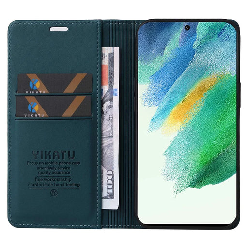 YIKATU Full Protection Phone Case for Samsung Galaxy S21 FE 5G, YK- 001 Magnetic Closure Anti-drop Phone Flip Leather Cover Wallet Stand - Green - 2