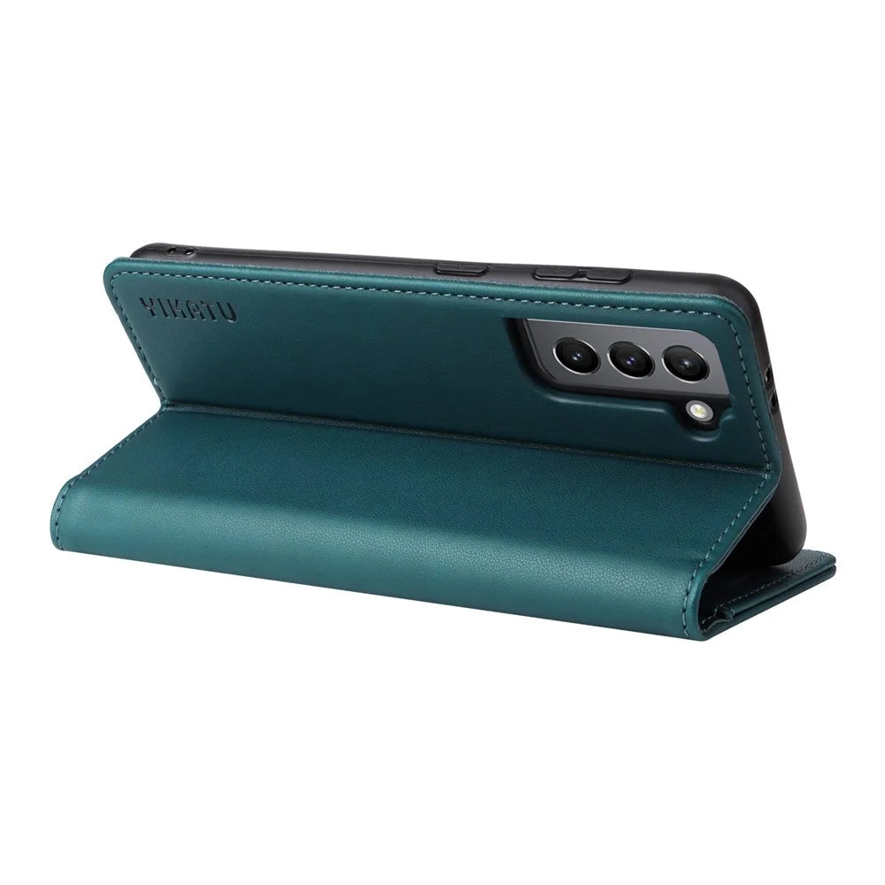 YIKATU Full Protection Phone Case for Samsung Galaxy S21 FE 5G, YK- 001 Magnetic Closure Anti-drop Phone Flip Leather Cover Wallet Stand - Green - 3