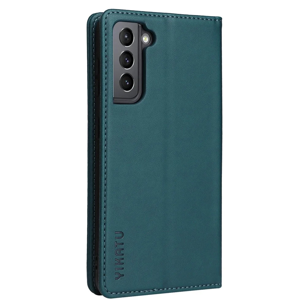 YIKATU Full Protection Phone Case for Samsung Galaxy S21 FE 5G, YK- 001 Magnetic Closure Anti-drop Phone Flip Leather Cover Wallet Stand - Green - 7