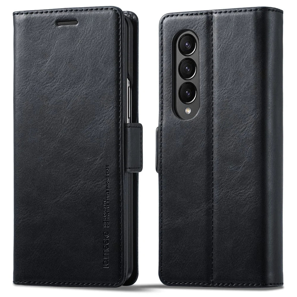 LC.IMEEKE for Samsung Galaxy Z Fold3 5G RFID Blocking Phone Cover PU Leather + PC Wallet Stand Double Magnetic Clasps Phone Shell - Black - 1