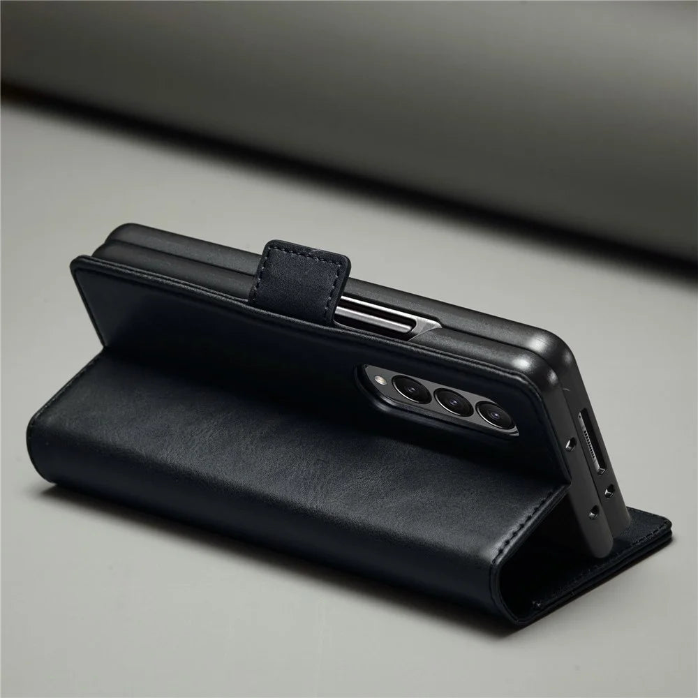 LC.IMEEKE for Samsung Galaxy Z Fold3 5G RFID Blocking Phone Cover PU Leather + PC Wallet Stand Double Magnetic Clasps Phone Shell - Black - 5