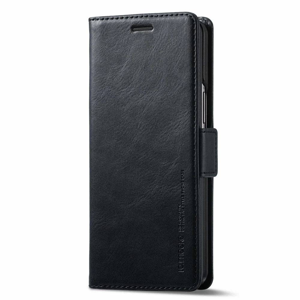 LC.IMEEKE for Samsung Galaxy Z Fold3 5G RFID Blocking Phone Cover PU Leather + PC Wallet Stand Double Magnetic Clasps Phone Shell - Black - 6