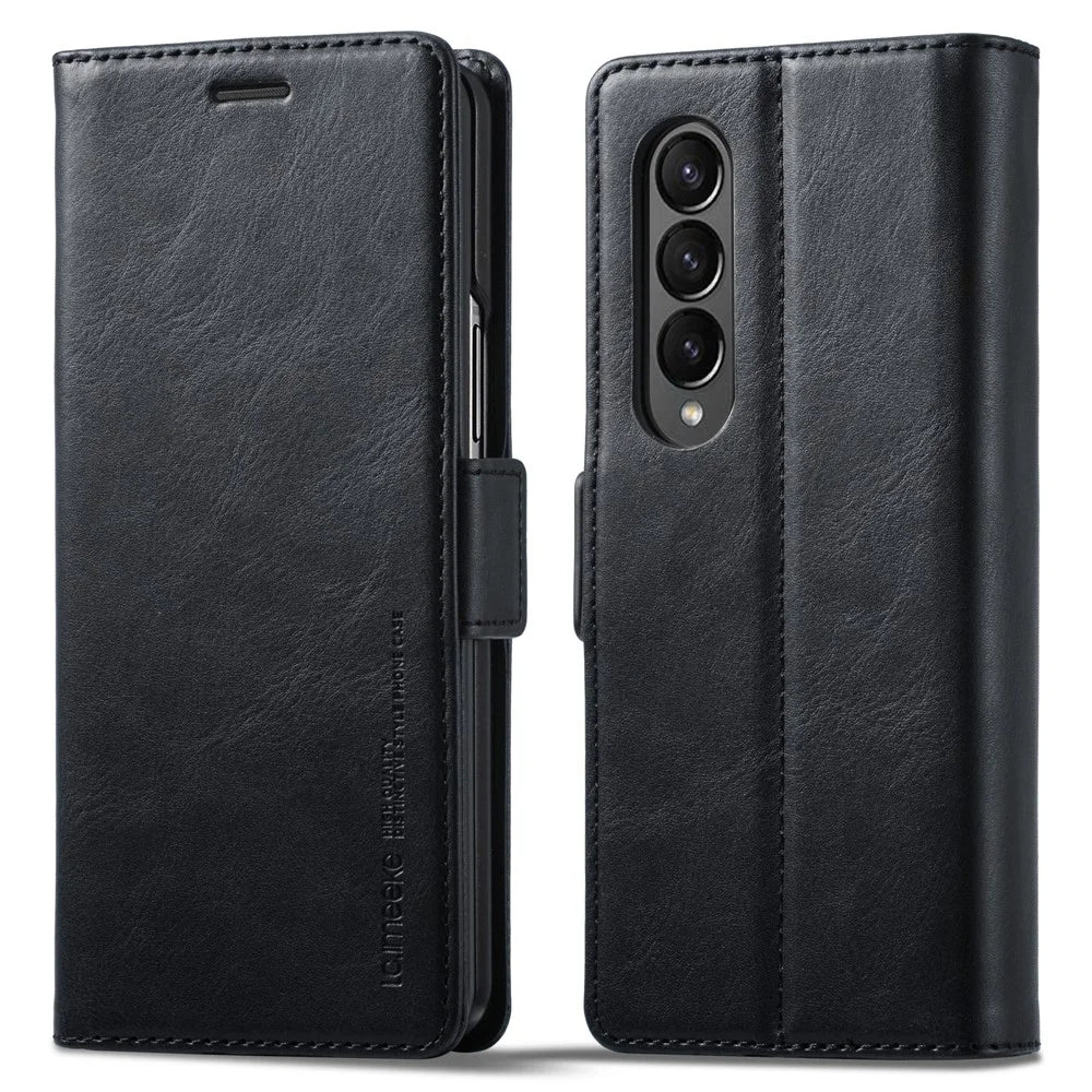 LC.IMEEKE for Samsung Galaxy Z Fold4 5G Drop-proof Phone Wallet Case RFID Blocking Stand Double Magnetic Clasps PU Leather + PC Phone Cover - Black - 1