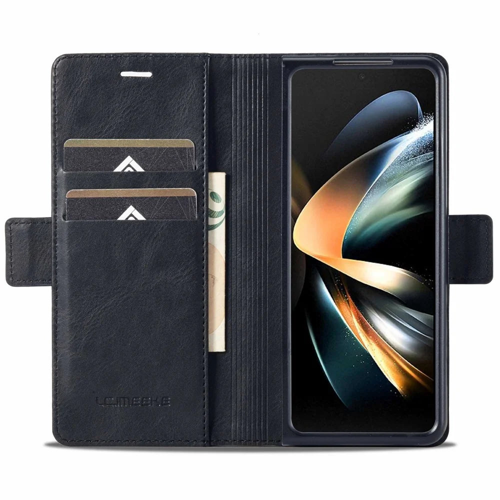 LC.IMEEKE for Samsung Galaxy Z Fold4 5G Drop-proof Phone Wallet Case RFID Blocking Stand Double Magnetic Clasps PU Leather + PC Phone Cover - Black - 2