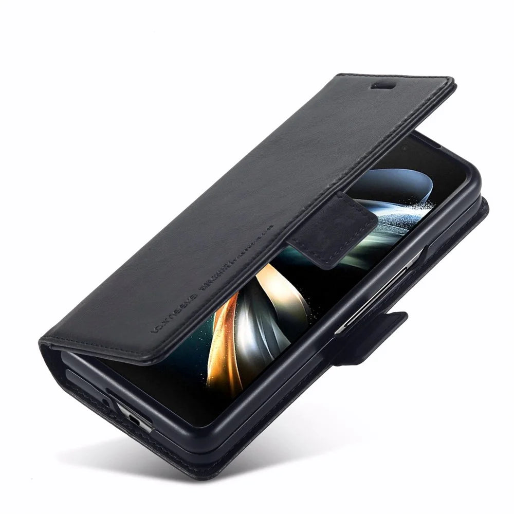LC.IMEEKE for Samsung Galaxy Z Fold4 5G Drop-proof Phone Wallet Case RFID Blocking Stand Double Magnetic Clasps PU Leather + PC Phone Cover - Black - 4